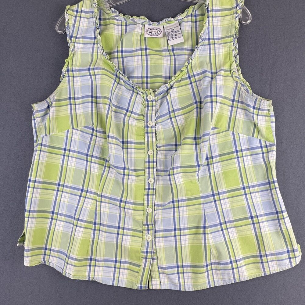 VTG Carolina Blues Button Front Top Women’s Plus Sz 18W Green Blue Plaid Cottage